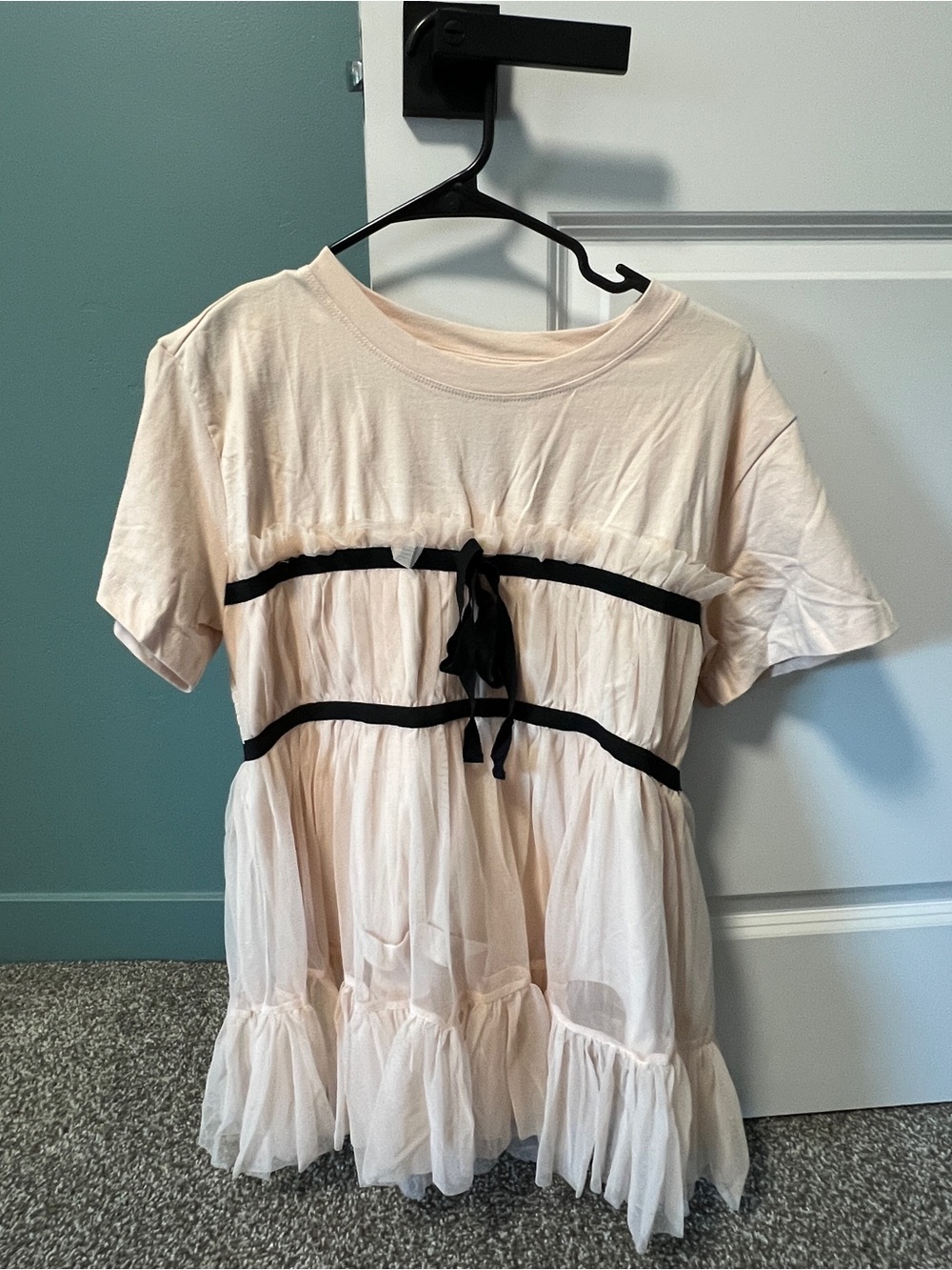 Anthropologie Blush Pink Dress Top with Black Ribbon Trim